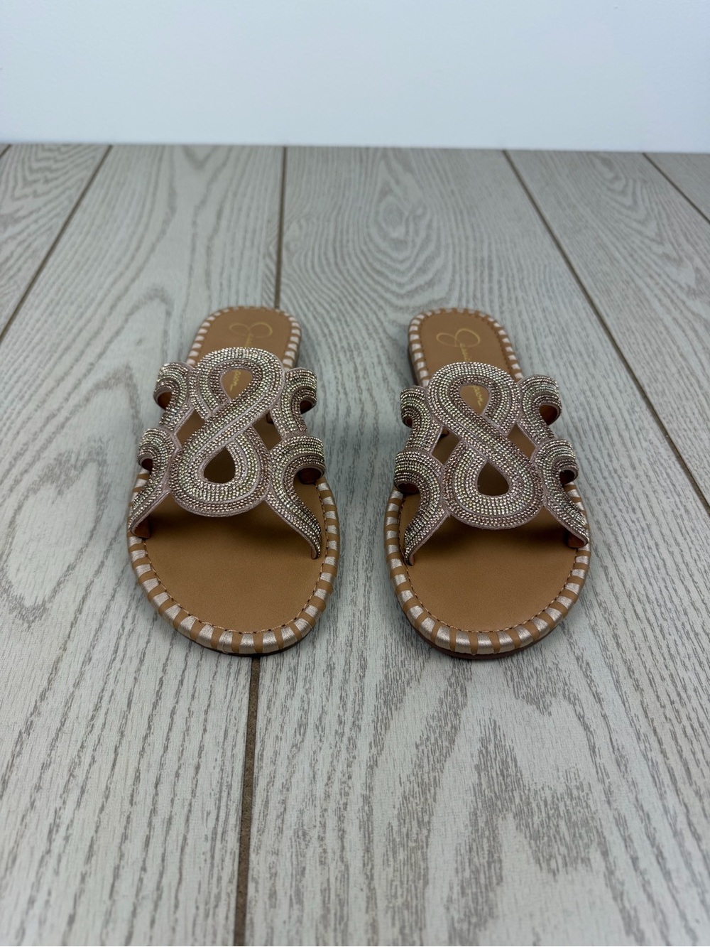 Jessica Simpson Womens Bria Rhinestone Embellished Slide Sandal 8M Champagne $79 - Picture 2 of 8